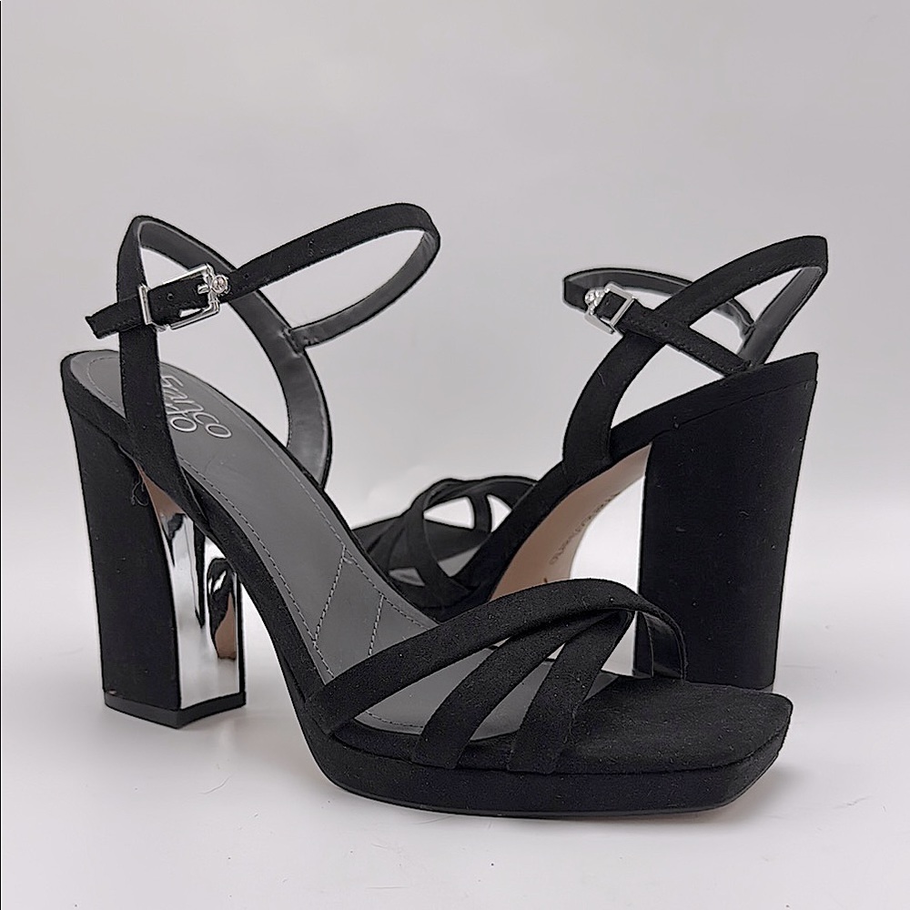 Franco Sarto Sandals Black Ankle Strap Sparkly Open Toe Block Heel 9 glitter
